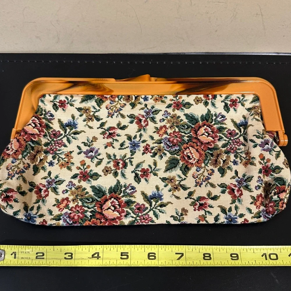 Vintage Floral Tapestry Clutch Amber Faux Tortoiseshell Frame Kiss Lock Bag